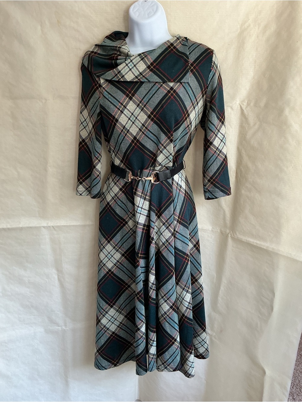 Elle Green and Cream Plaid Midi Dress with Belted Waist